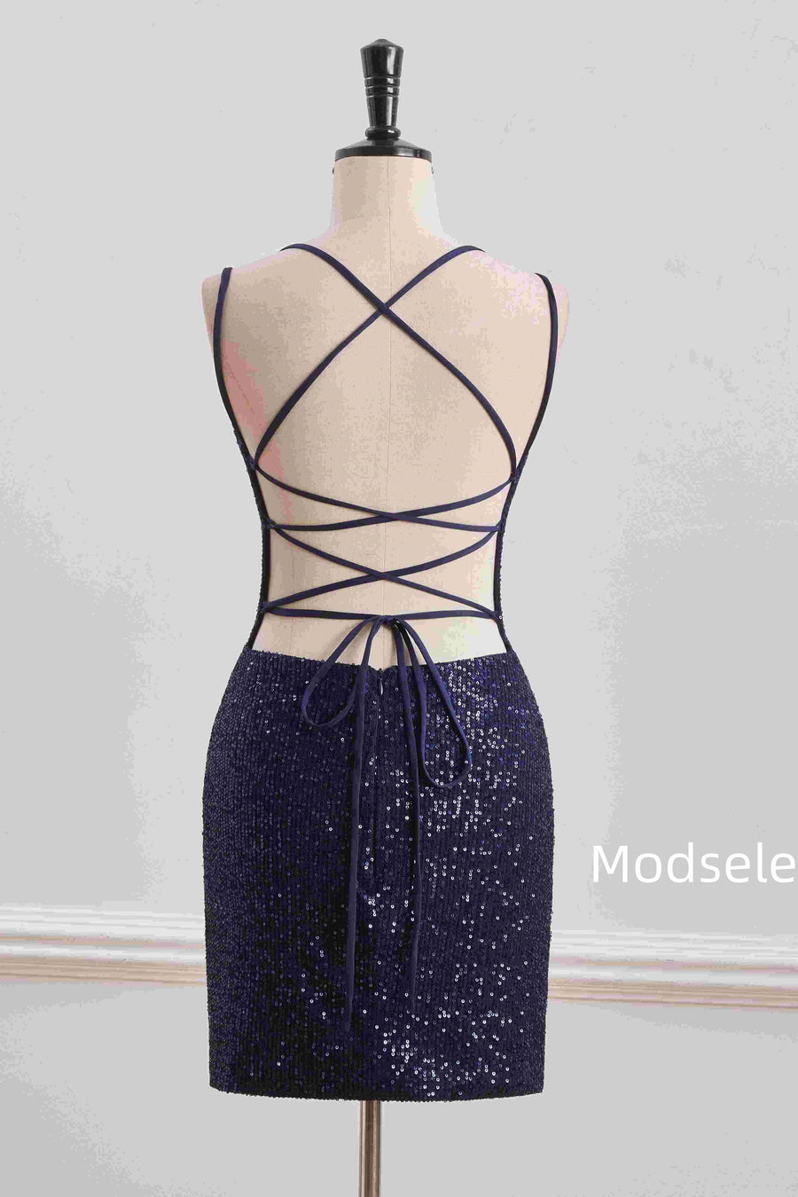 Navy Blue Spaghetti Straps V-Neck Sequined Tight Homecoming Dress