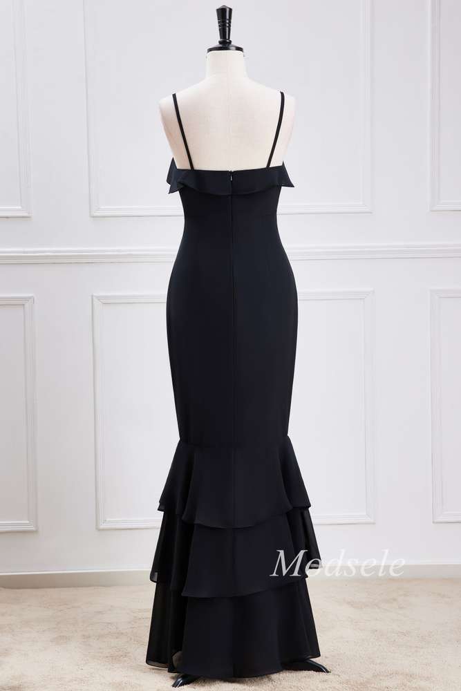 Black Spaghetti Strap Ruffle Multi-Layer Maxi Dress Modsele Black Spaghetti Strap Ruffle Multi-Layer Maxi Dress Modsele