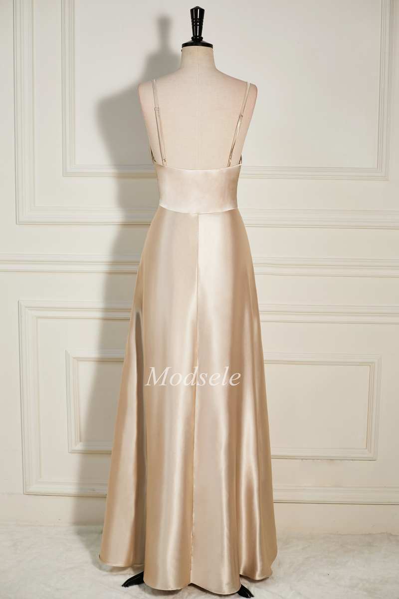 Champagne Cowl Neck A-Line Long Dress with Spaghetti Straps