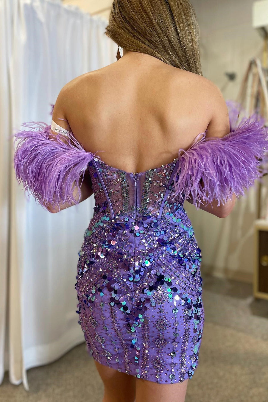 Lavender Sequin-Embroidery Short Party Dress with Feathers Modsele Lavender Sequin-Embroidery Short Party Dress with Feathers Modsele
