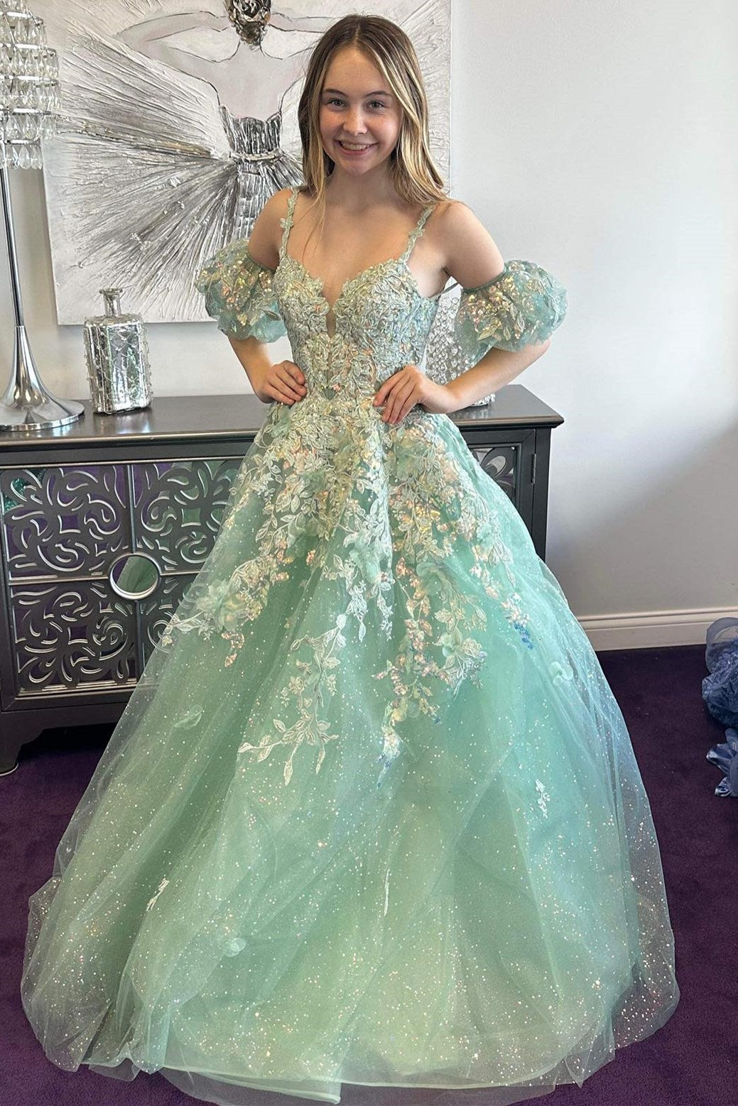 A-Line Appliques Plunge V Long Prom Dress with  Detachable Sleeves in light green