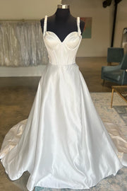 White Sweetheart Bow-Strap A-Line Long Wedding Dress
