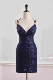 Navy Blue Spaghetti Straps V-Neck Sequined Tight Homecoming Dress