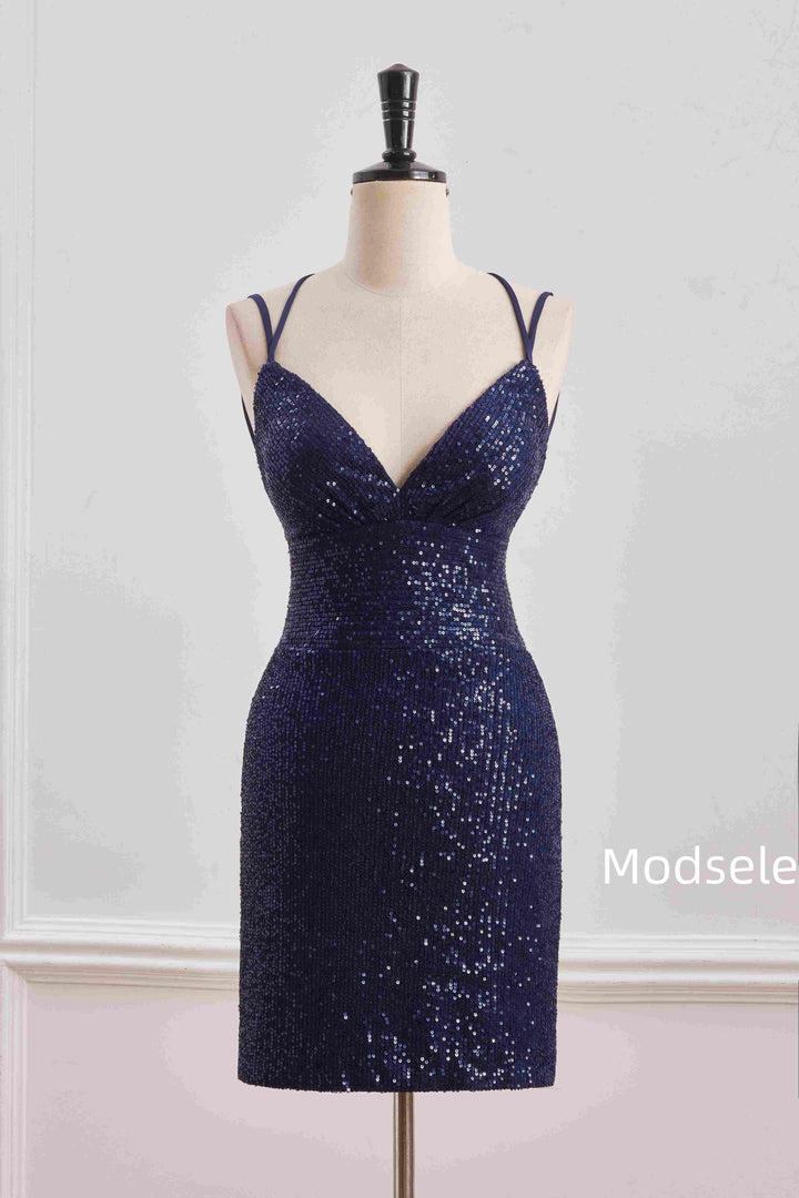 Navy Blue Spaghetti Straps V-Neck Sequined Tight Homecoming Dress