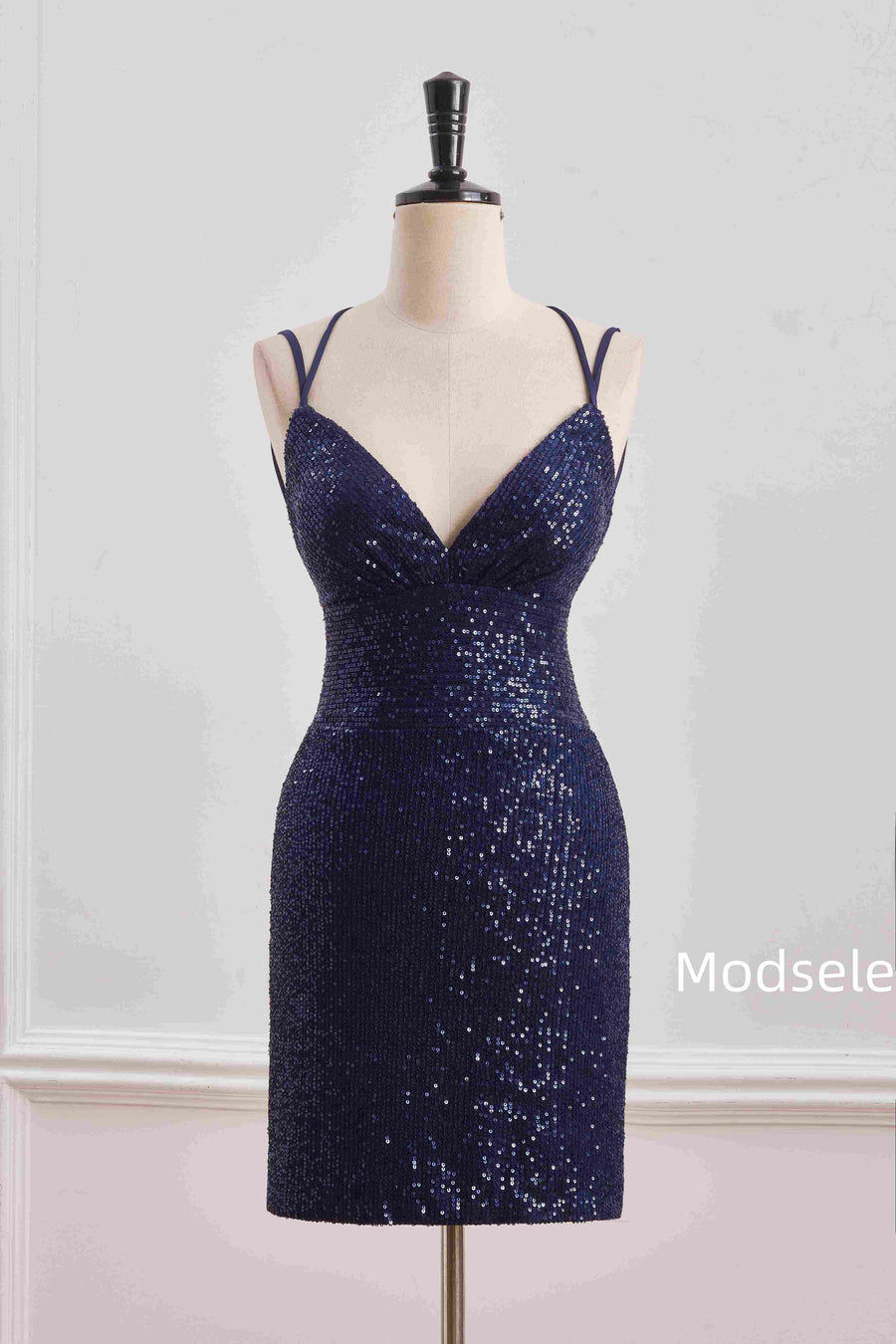 Navy Blue Spaghetti Straps V-Neck Sequined Tight Homecoming Dress