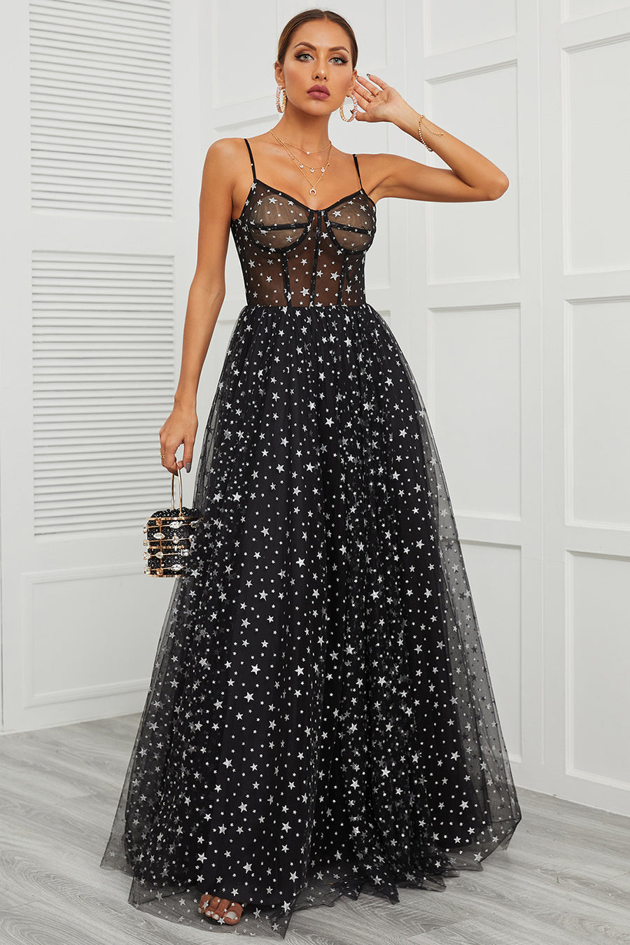 Black Star Sequins Sheer Bodice A-Line Long Prom Dress