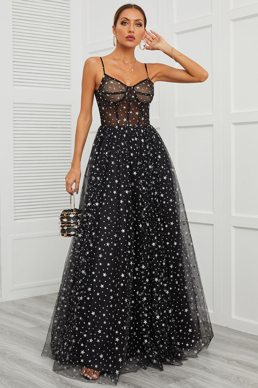 Black Star Sequins Sheer Bodice A-Line Long Prom Dress Modsele Black Star Sequins Sheer Bodice A-Line Long Prom Dress Modsele