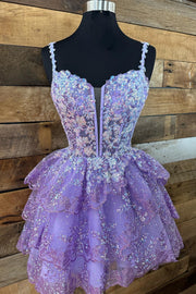 Lavender Tulle Sequin Lace-Up Tiered Short Gown