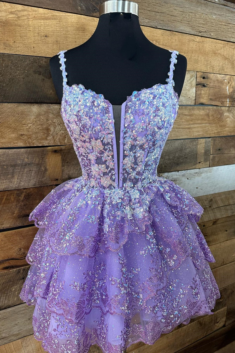 Lavender Tulle Sequin Lace-Up Tiered Short Gown