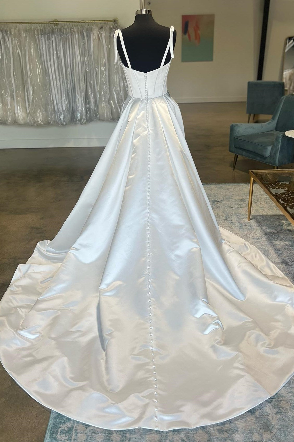 White Sweetheart Bow-Strap A-Line Long Wedding Dress