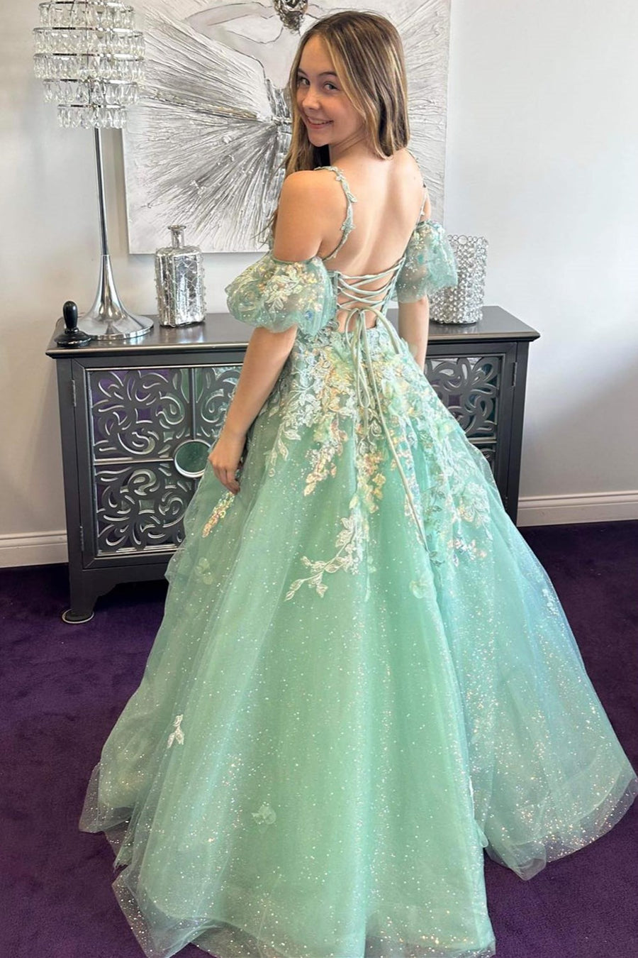back of A-Line Appliques Plunge V Long Prom Dress with  Detachable Sleeves in light green