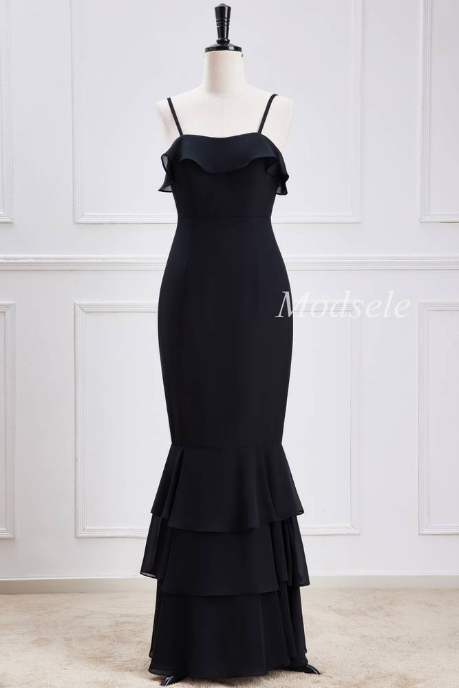 Black Spaghetti Strap Ruffle Multi-Layer Maxi Dress Modsele Black Spaghetti Strap Ruffle Multi-Layer Maxi Dress Modsele