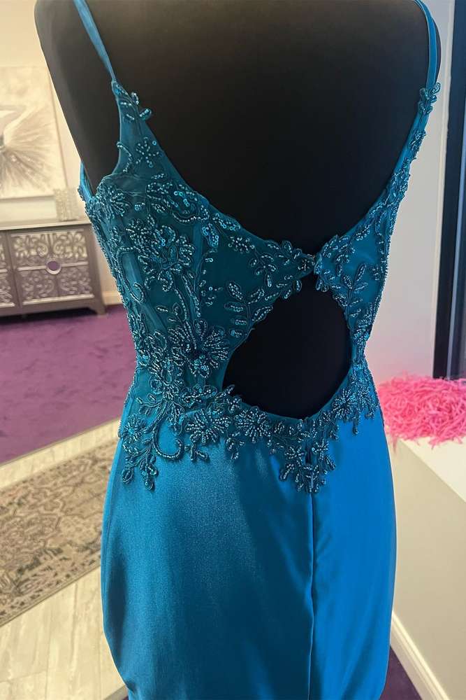 Peacock Blue Bustier Bodycon Short Gown with Appliques