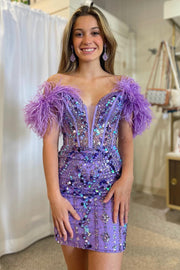 Lavender Sequin-Embroidery Short Party Dress with Feathers