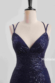 Navy Blue Spaghetti Straps V-Neck Sequined Tight Homecoming Dress