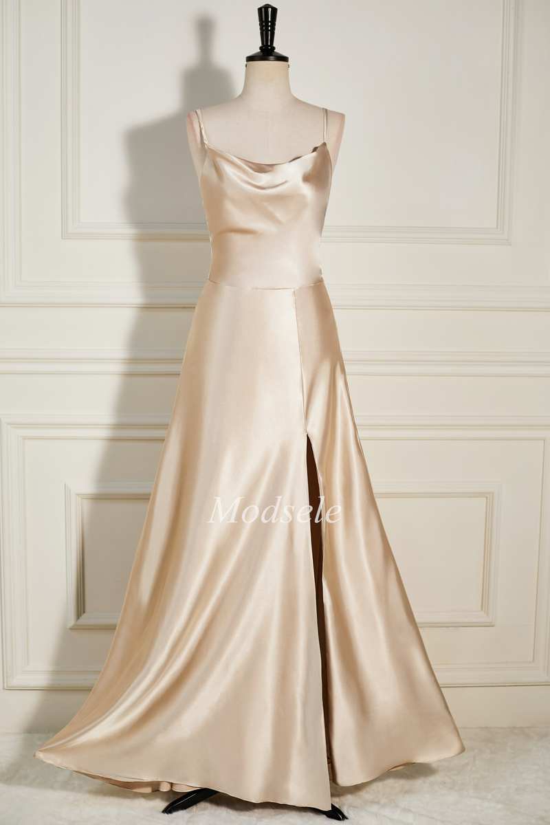 Champagne Cowl Neck A-Line Long Dress with Spaghetti Straps