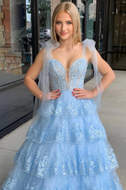 Light Blue Tulle Appliques Tying Strap Ruffle Tiered Long Prom Dress