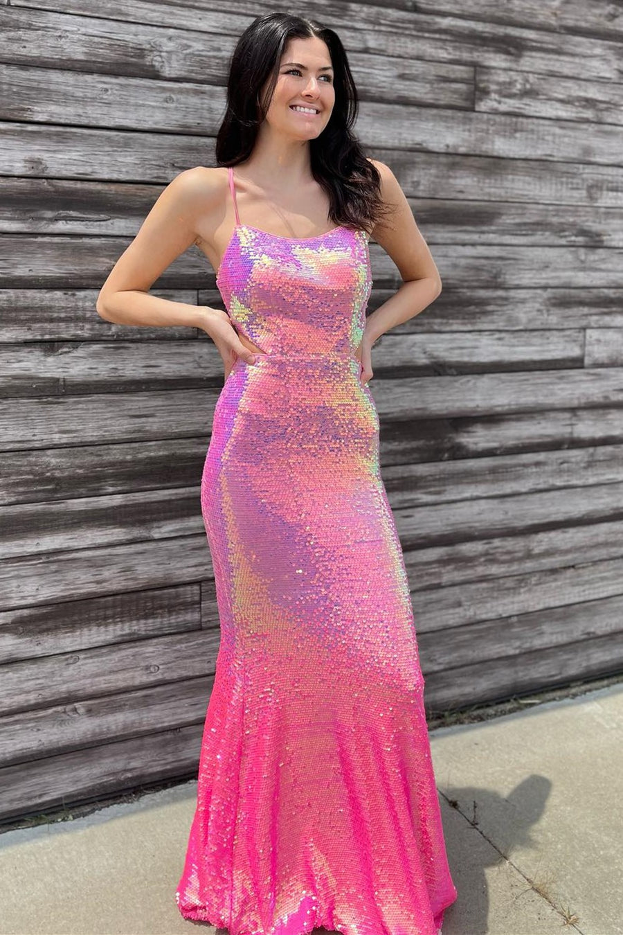 Iridescent Pink Sequin Lace-Up Mermaid Long Gown