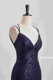 Navy Blue Spaghetti Straps V-Neck Sequined Tight Homecoming Dress