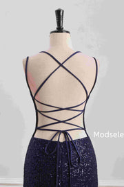 Navy Blue Spaghetti Straps V-Neck Sequined Tight Homecoming Dress