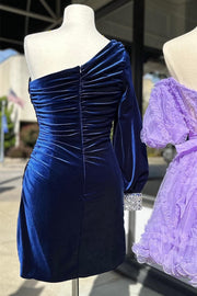 Magenta Velvet One-Sleeve Short Cocktail Dress