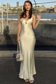 Spaghetti Straps Sleeveless V-Neck Satin Backless Long Prom Formal Dress