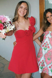 Yellow One Shoulder 3D Flower Sheath Satin Sleeveless Homecoming Dress