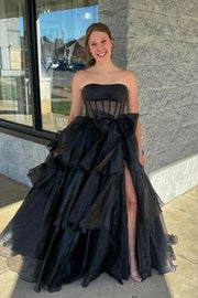 A-Line Strapless Empire-Waist Tiered Sleeveless Long Prom Dress with Bow