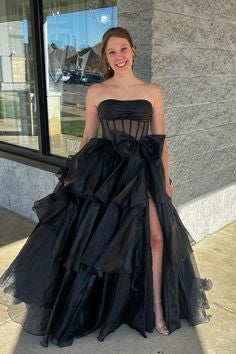 A-Line Strapless Empire-Waist Tiered Sleeveless Long Prom Dress with Bow