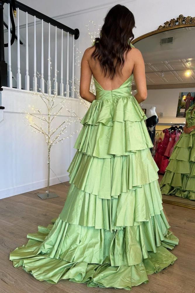 Green Halter Ruffle A-Line Long Prom Dress with Slit