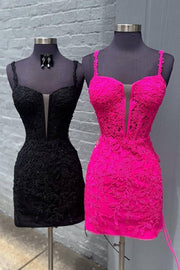 Fuchsia Spaghetti Straps Applique Tight Homecoming Dress