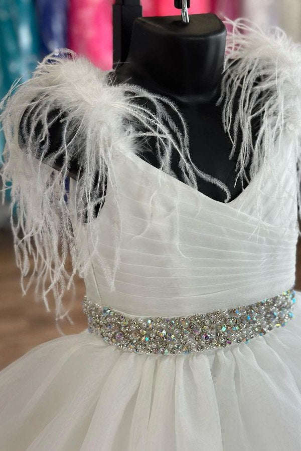 White Feathers V-Neck Beaded Ruffle Tiered Girl Pageant Dress