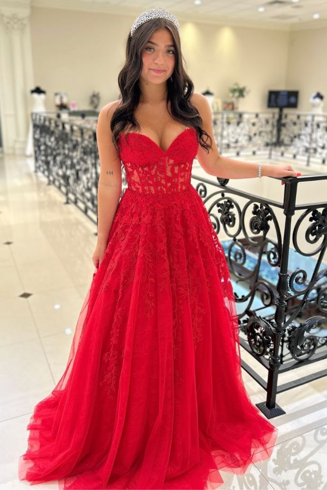 Strapless Lace Applique A-Line Empire-Waist Sleeveless Tulle Prom Dres Modsele Strapless Lace Applique A-Line Empire-Waist Sleeveless Tulle Prom Dres Modsele