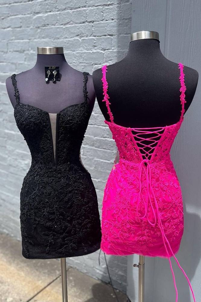 Fuchsia Spaghetti Straps Applique Tight Homecoming Dress