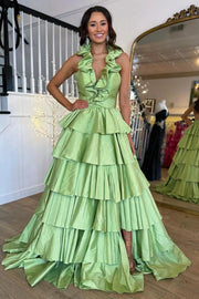 Green Halter Ruffle A-Line Long Prom Dress with Slit