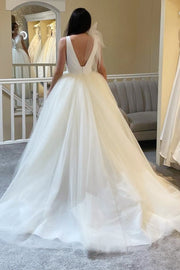 White Tulle Plunge V Open Back Ball Gown with Bow