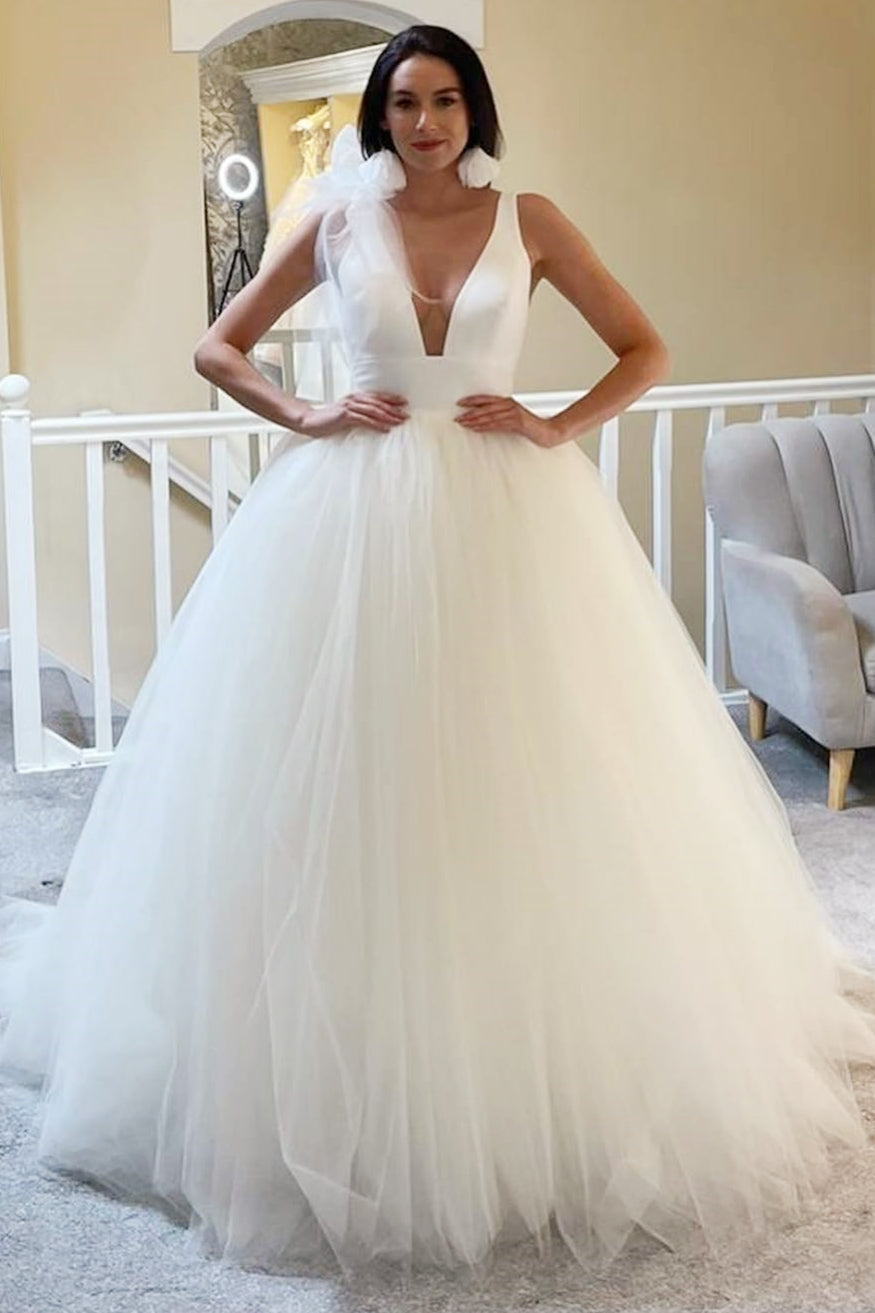 White Tulle Plunge V Open Back Ball Gown with Bow  Modsele