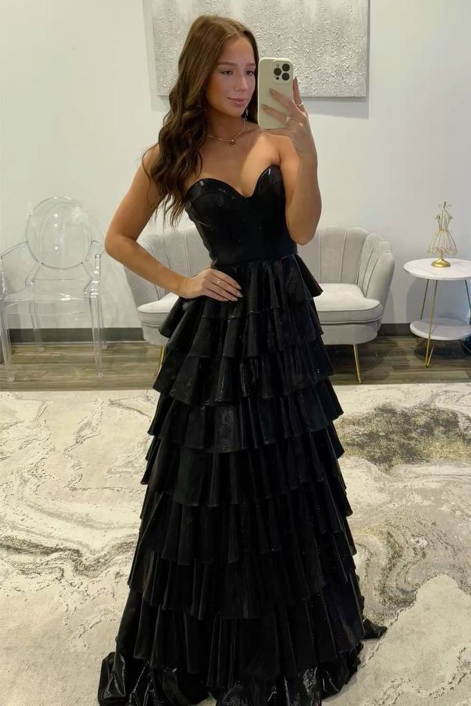 A-Line Metallic Empire-Waist Sweetheart Ruffle Tiered Long Prom Dress Modsele A-Line Metallic Empire-Waist Sweetheart Ruffle Tiered Long Prom Dress Modsele