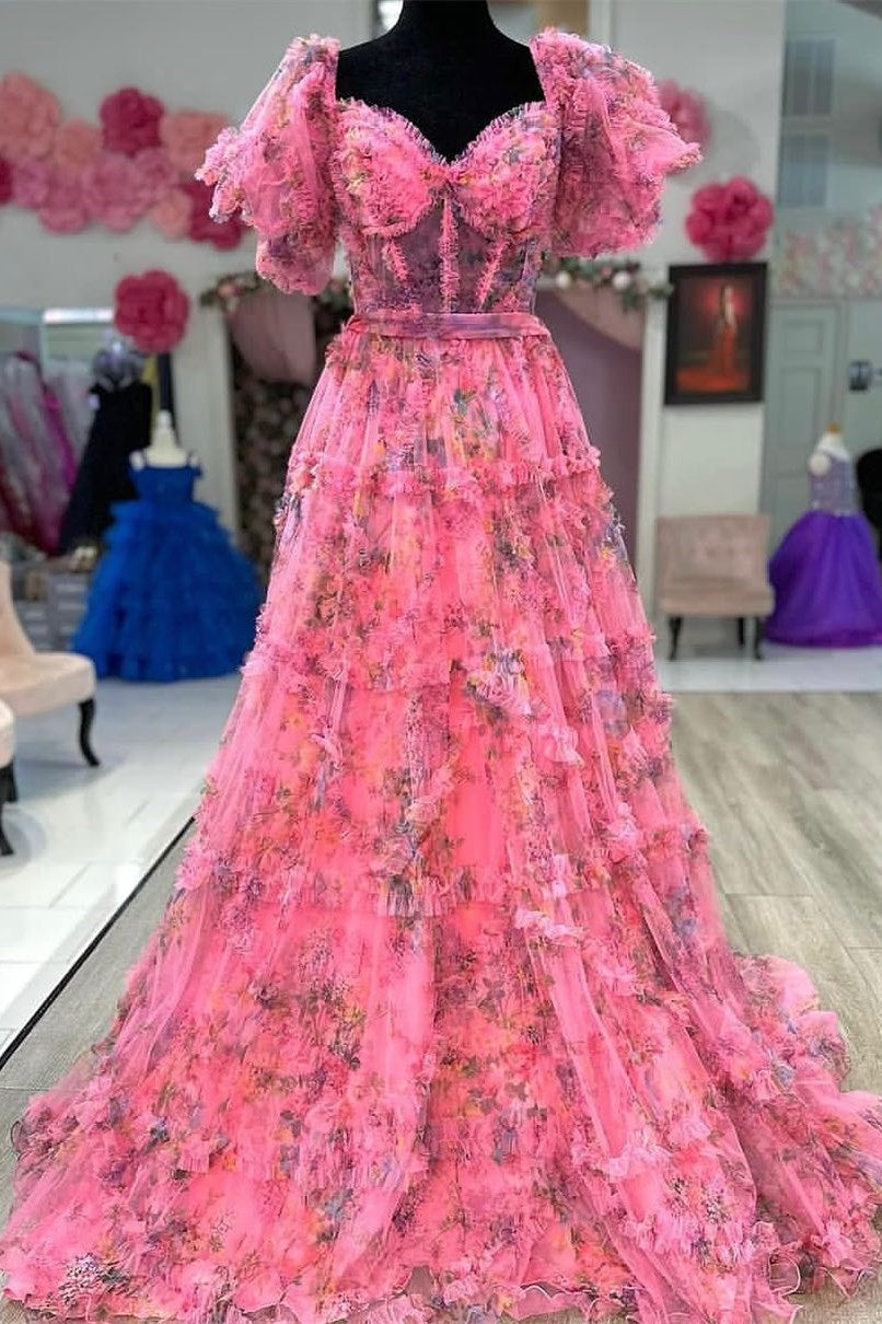 Bright Pink Print Puff Sleeve Ruffle Long Prom Dress
