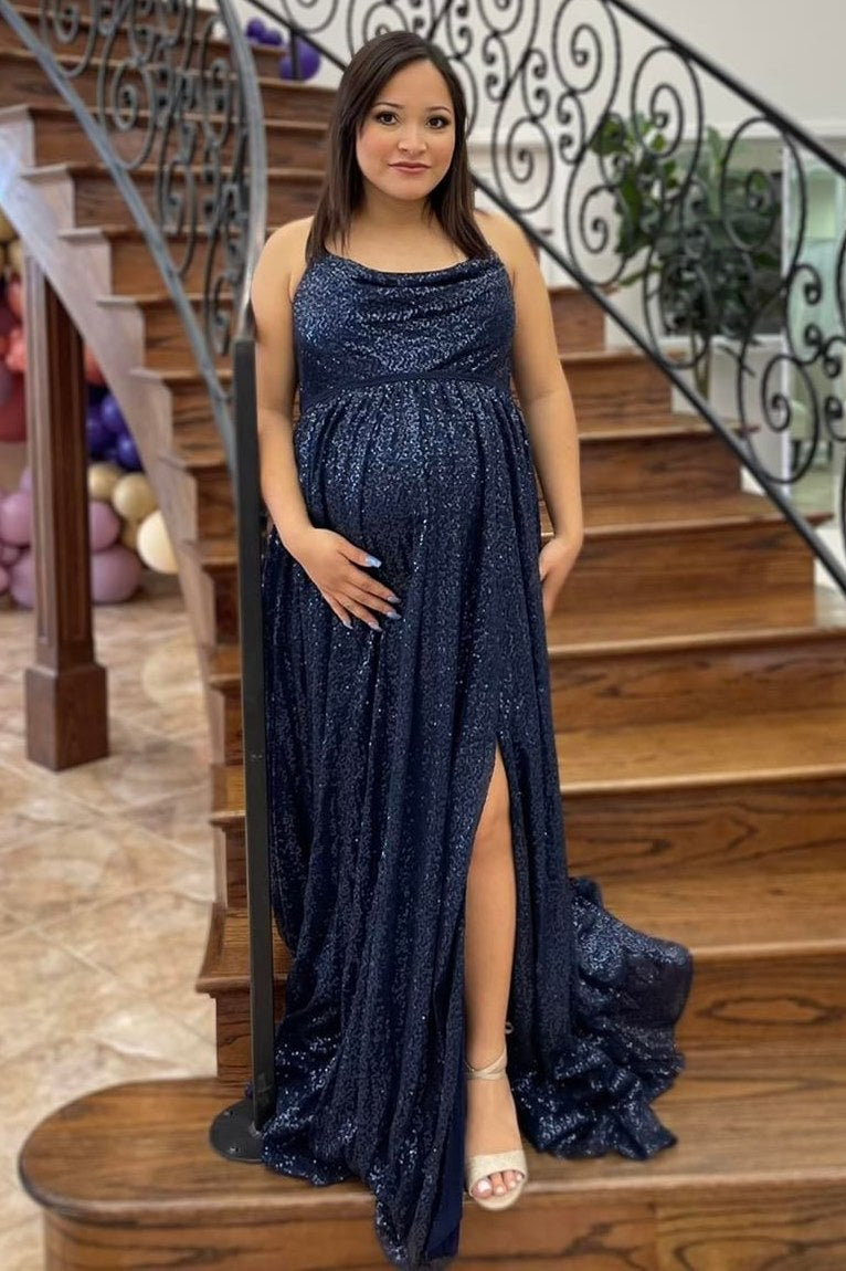 Sparkly Dark Navy Cowl Neck Long Bridesmaid Dress with Slit