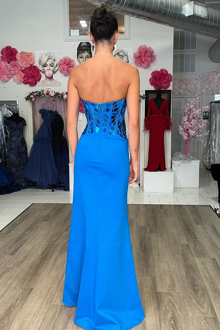Blue Broken Mirrors Sweetheart Long Prom Dress with Slit
