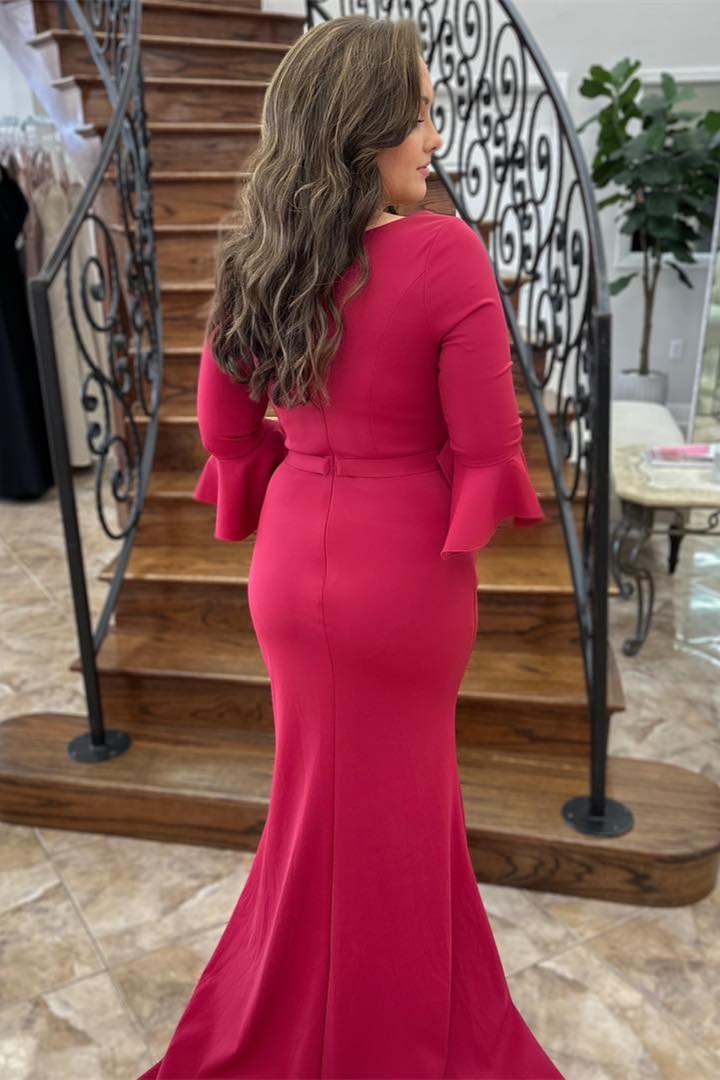 Red Bell Sleeves Mermaid Satin Long Mother of the Bride Dress Modsele Red Bell Sleeves Mermaid Satin Long Mother of the Bride Dress Modsele
