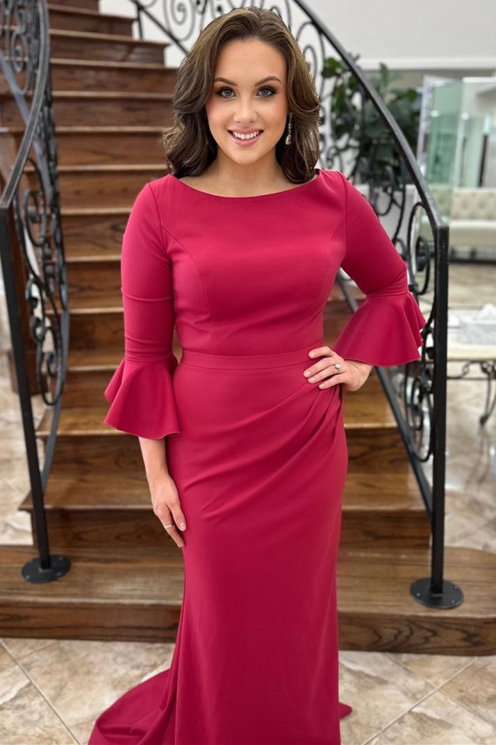 Rose Pink Bell Sleeves Mermaid Satin Long Mother of the Bride Dress