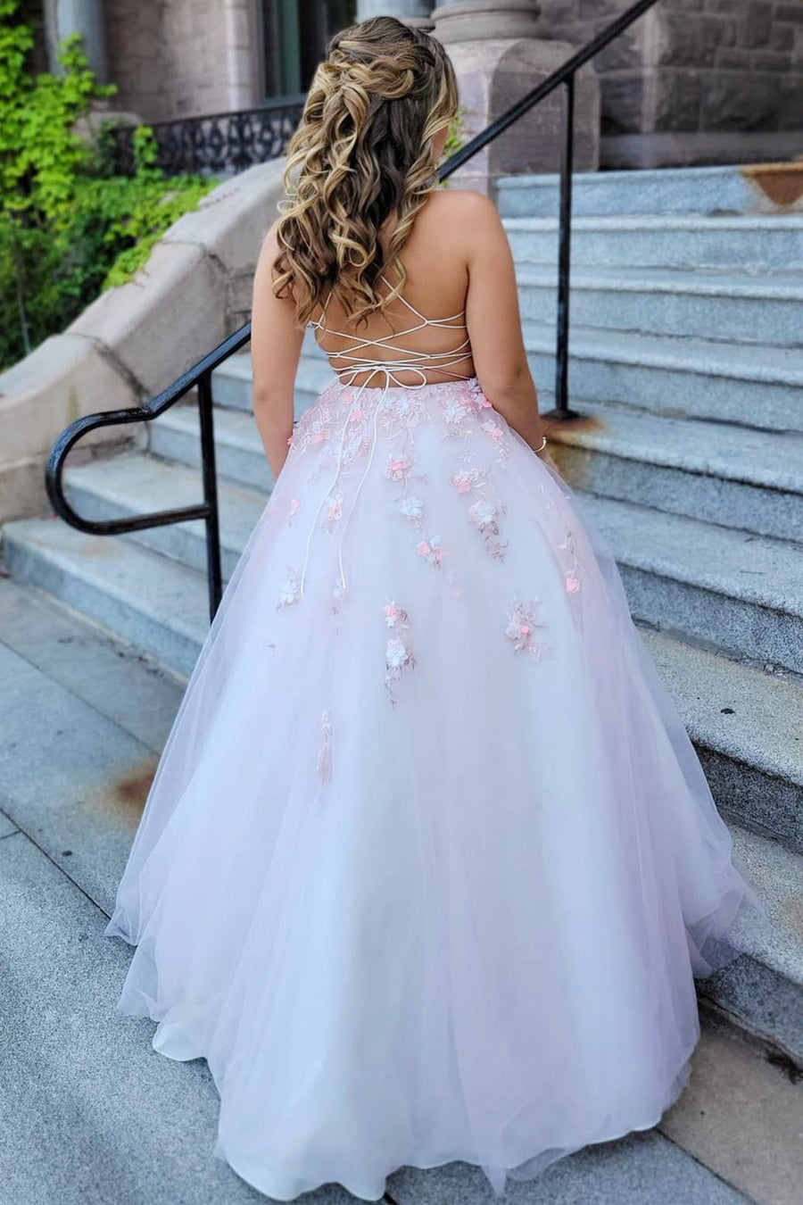 Pink Tulle Lace-Up Back Ball Gown with 3D Floral Lace