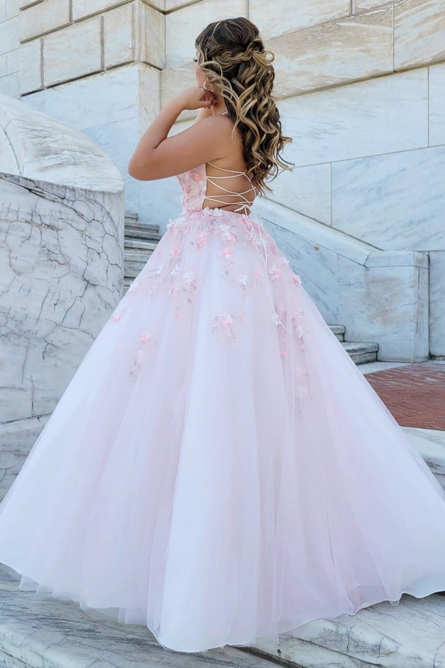 Pink Tulle Lace-Up Back Ball Gown with 3D Floral Lace