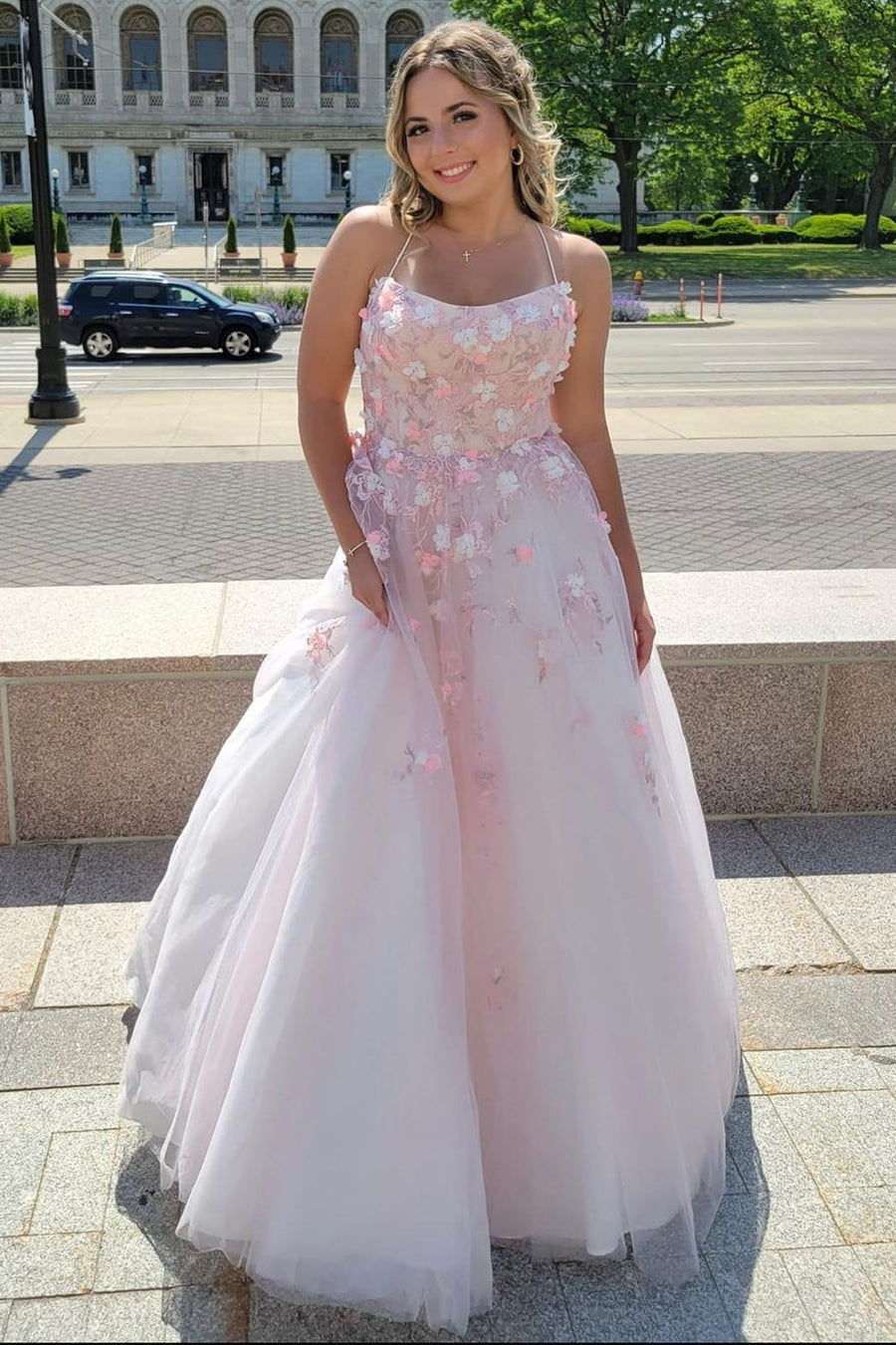 Pink Tulle Lace-Up Back Ball Gown with 3D Floral Lace