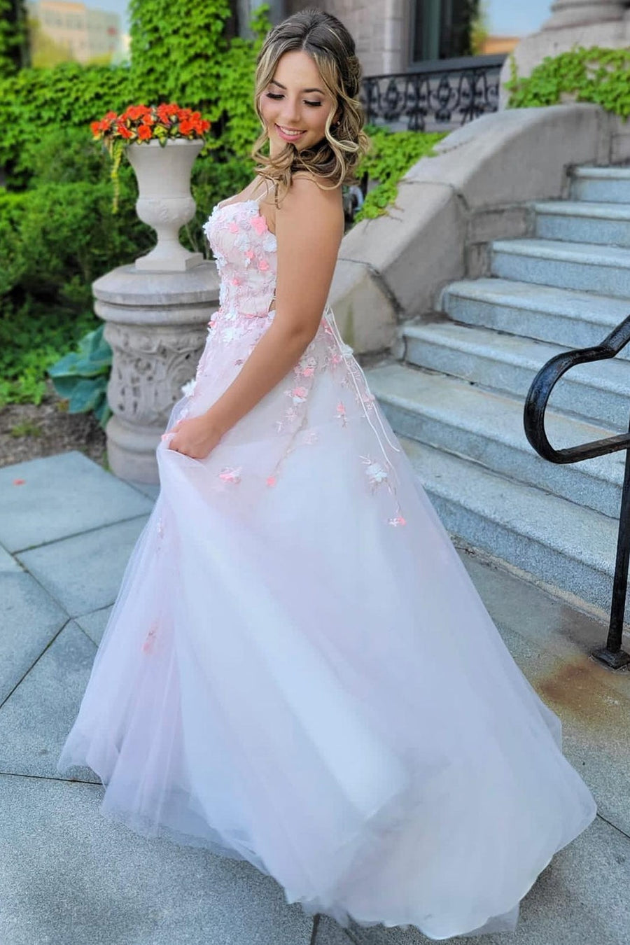 Pink Tulle Lace-Up Back Ball Gown with 3D Floral Lace