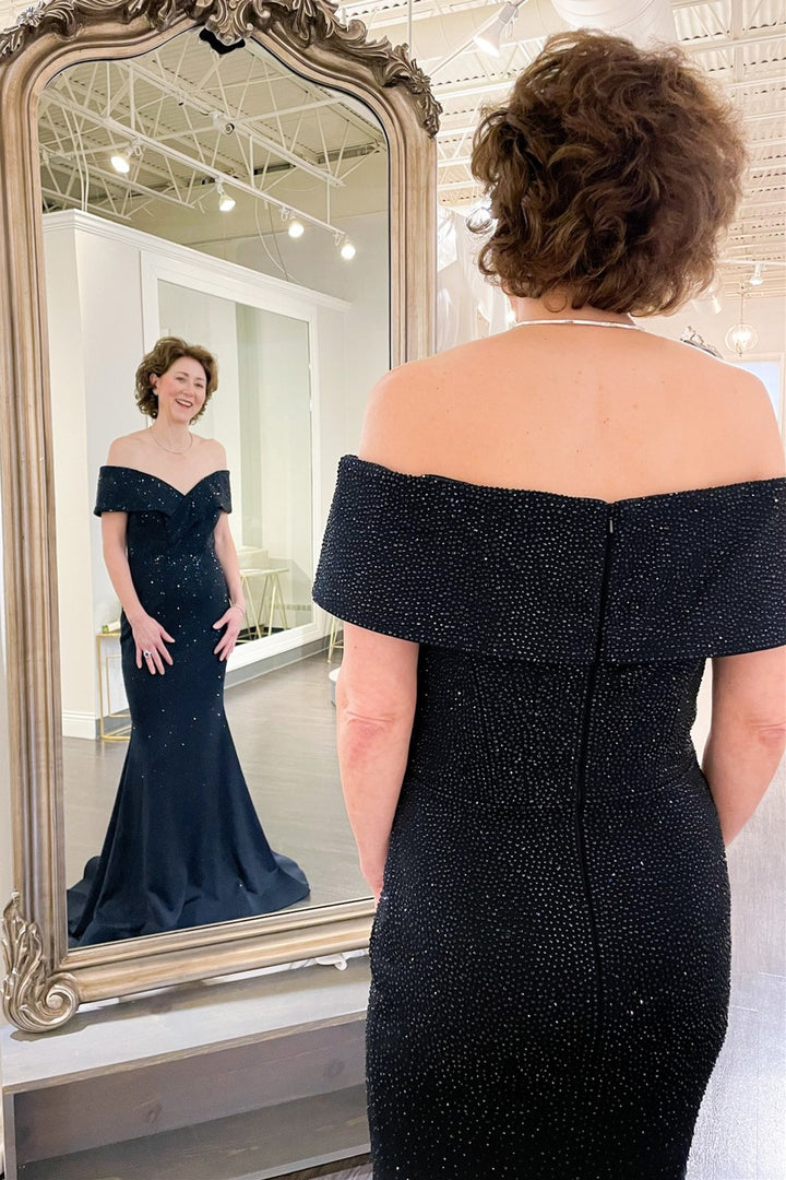 Black Portrait Beaded Mermaid Long Mother of the Bride Dress