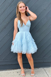Light Blue Tulle V-Neck Tiered Short Party Dress with Ruffles