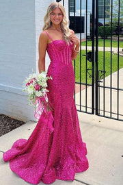 Mermaid Spaghetti Straps Glitter Mermaid Long Prom Formal Dress